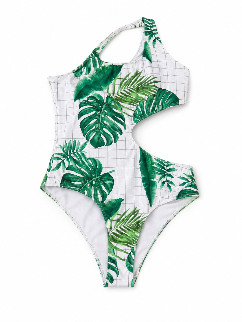 Girls White & Green Tropical One-Shoulder Cutout Swimsuit